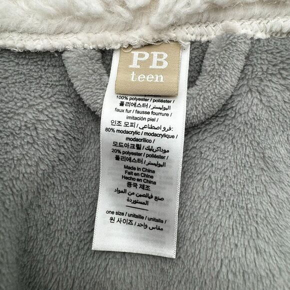 POTTERY BARN | One Size Teen Gray Cream Faux-Fur Trim Hooded Belted Robe Pockets - Picture 3 of 9